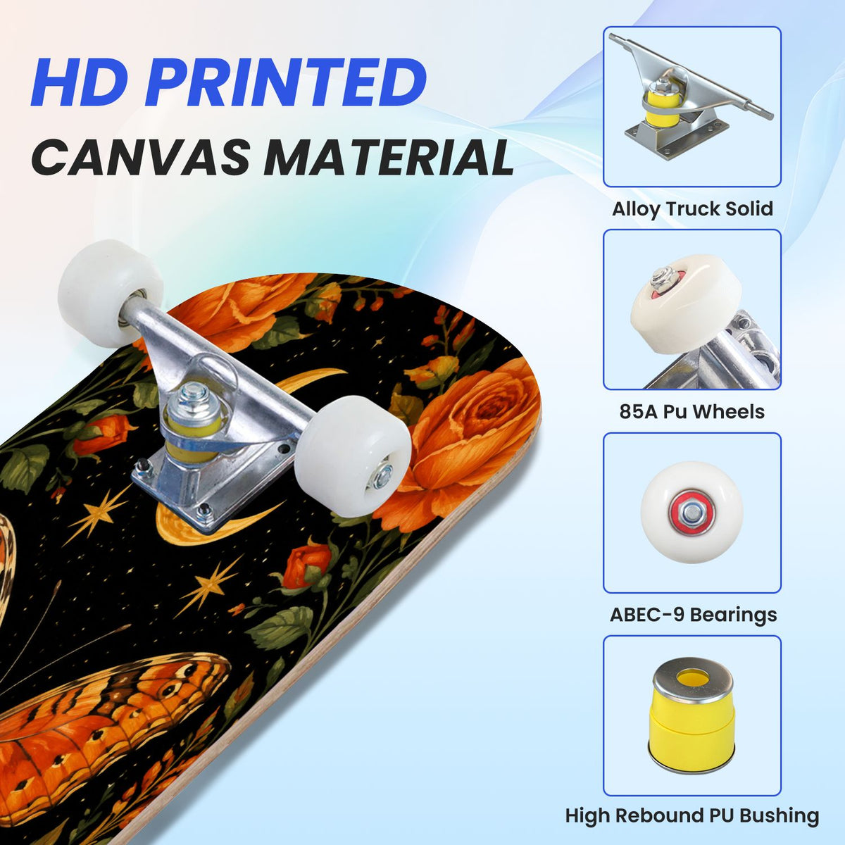 31"x8" Complete Skateboards for Beginners, Mystical Purple Butterfly Glowing Mushrooms Under Full Moon Double Kick 7 Ply Canadian Maple Deck Skateboard with Wheels, Gifts for Kids Teens