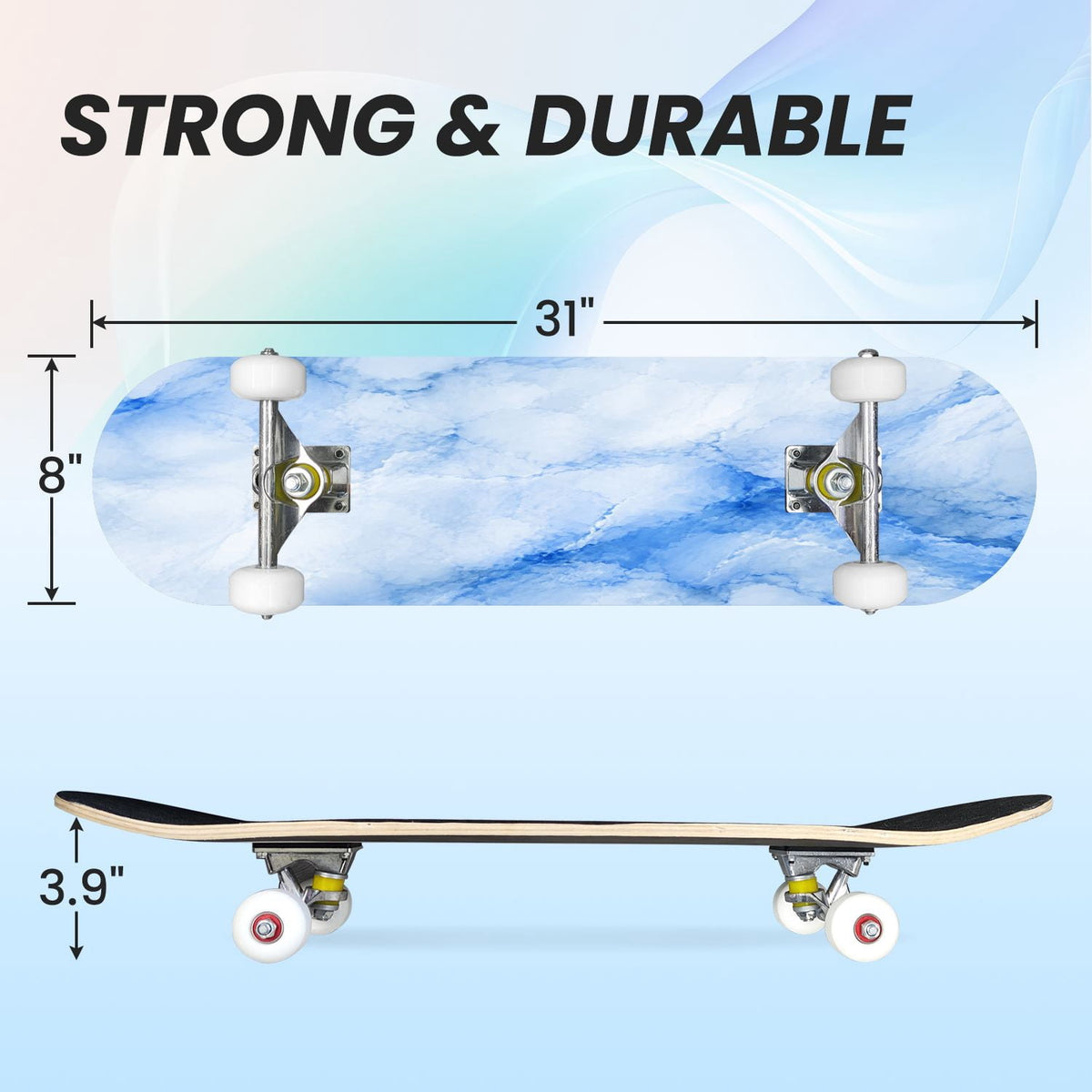 31"x8" Complete Skateboards for Beginners,Elegant White Blue Flowers Soft Petals Dreamy Artistic Double Kick 7 Ply Canadian Maple Deck Skateboard with Wheels, Gifts for Kids Teens