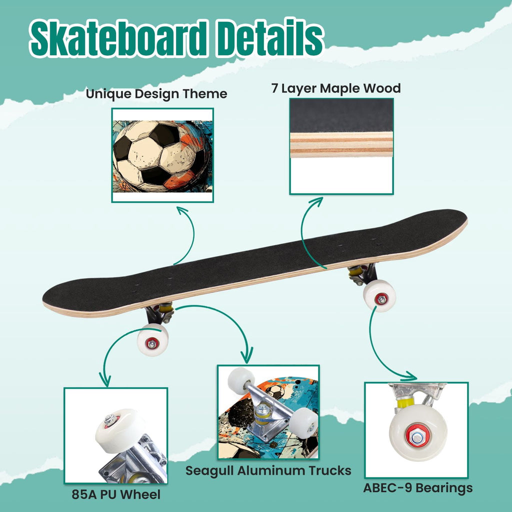 Dynamic Soccer Ball Explosion Energy Effects Stadium 31" x 8" Complete Skateboard, 7-Ply Canadian Maple Double Kick Trick Board for Kids and Beginners Adult Gifts