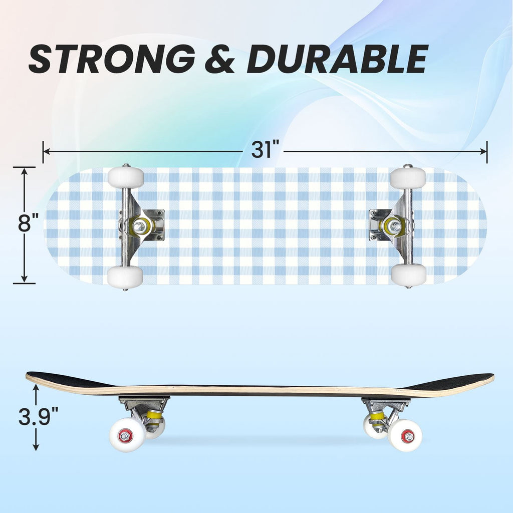 31"x8" Complete Skateboards for Beginners,Colorful Geometric Tile Multicolored Squares Double Kick 7 Ply Canadian Maple Deck Skateboard with Wheels, Gifts for Kids Teens