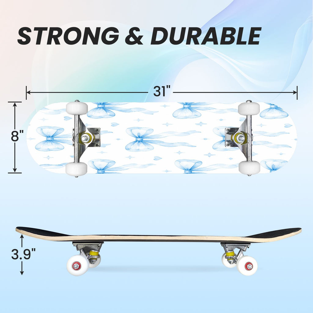 31"x8" Complete Skateboards for Beginners,Seamless Blue Watercolor Crabs Floral Accents Light Double Kick 7 Ply Canadian Maple Deck Skateboard with Wheels, Gifts for Kids Teens