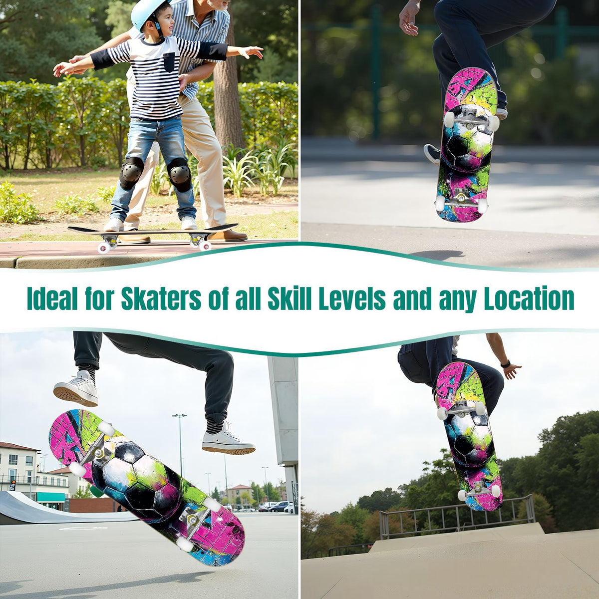 Dynamic Soccer Ball Explosion Energy Effects Stadium 31" x 8" Complete Skateboard, 7-Ply Canadian Maple Double Kick Trick Board for Kids and Beginners Adult Gifts