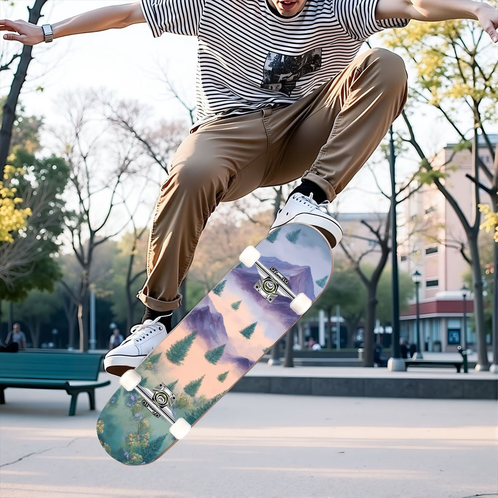 31"x8" Complete Skateboards for Beginners,Cartoon Hand Drawn Ice Cream Doodles Seamless Cones Cupcakes Double Kick 7 Ply Canadian Maple Deck Skateboard with Wheels, Gifts for Kids Teens