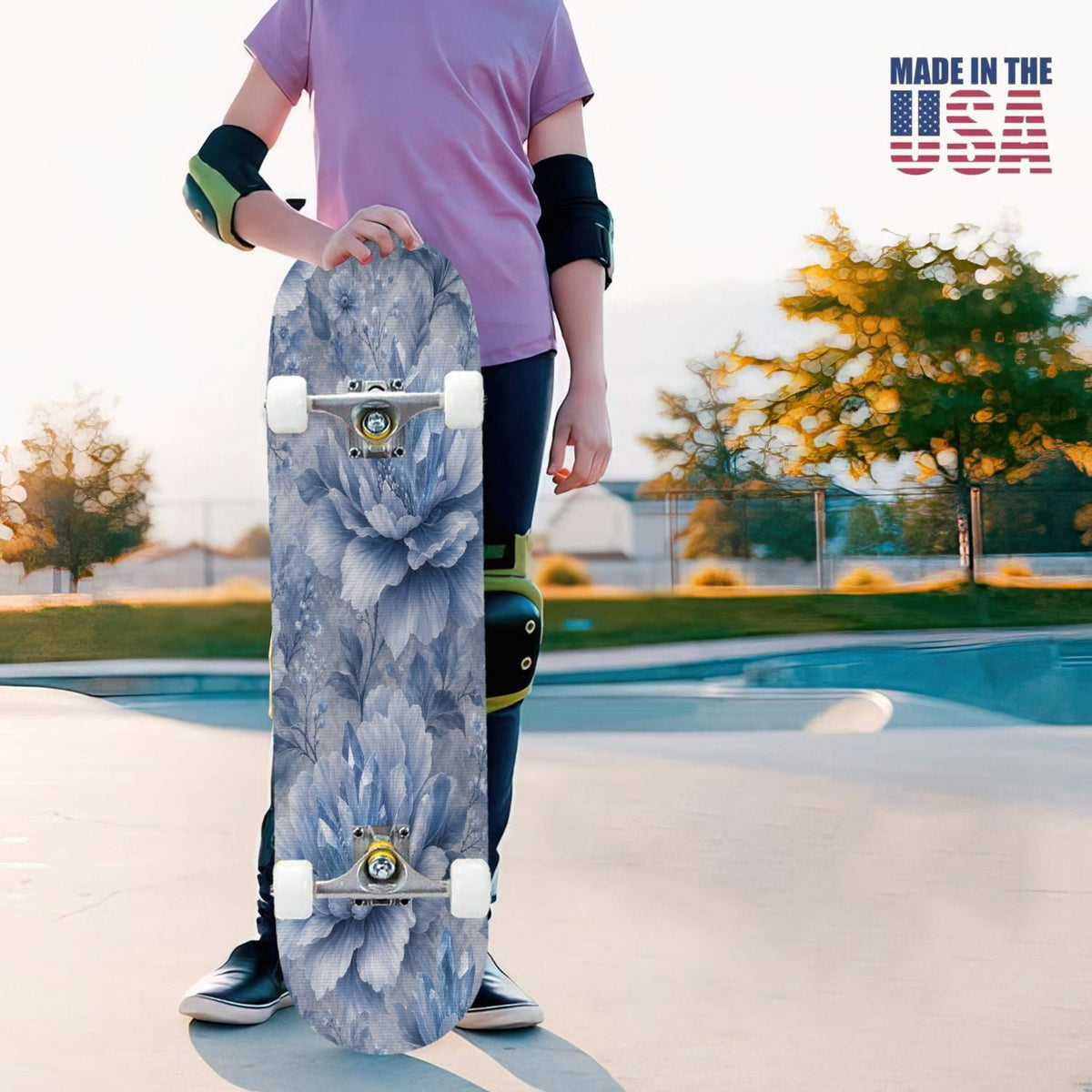 31"x8" Complete Skateboards for Beginners,Blue Flowers Crystals Seamless Watercolor Double Kick 7 Ply Canadian Maple Deck Skateboard with Wheels, Gifts for Kids Teens