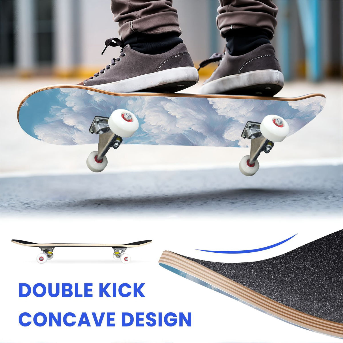31"x8" Complete Skateboards for Beginners, Pastel Clouds Sparkles Dreamy Gradient Sky Summer Decor Double Kick 7 Ply Canadian Maple Deck Skateboard with Wheels, Gifts for Kids Teens