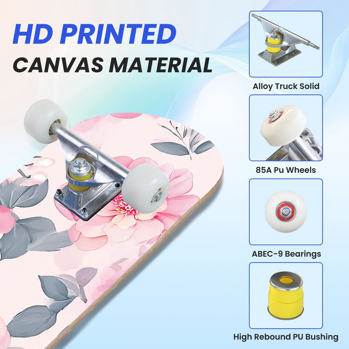 31"x8" Complete Skateboards for Beginners, Elegant Floral Pink Roses Blue Butterflies Double Kick 7 Ply Canadian Maple Deck Skateboard with Wheels, Gifts for Kids Teens