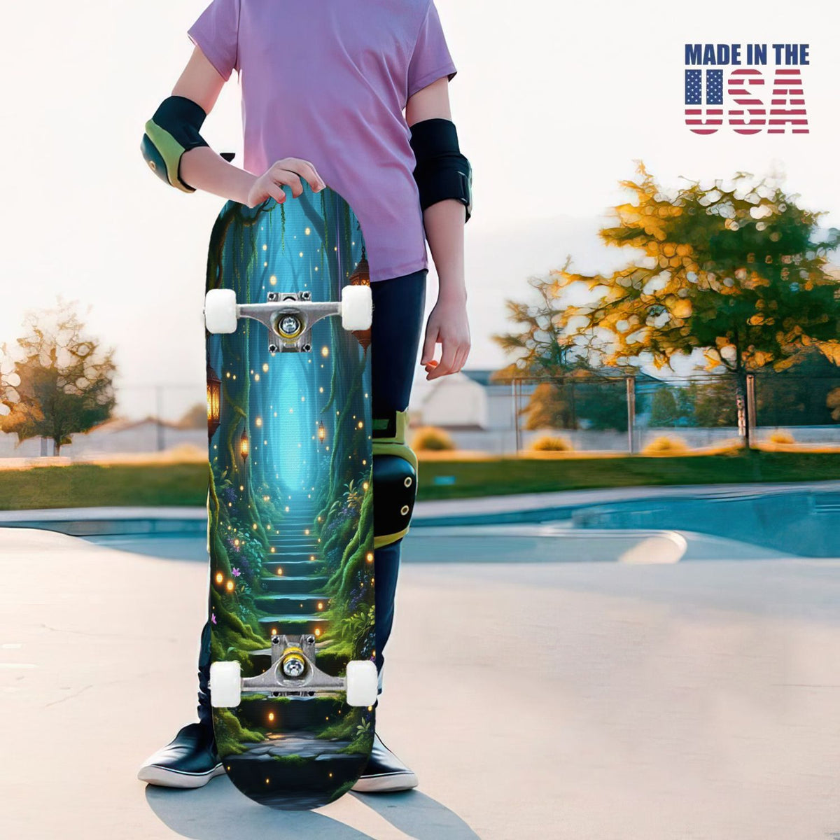 31"x8" Complete Skateboards for Beginners, Magical Forest Glowing Mushrooms Twinkling Fantasy Double Kick 7 Ply Canadian Maple Deck Skateboard with Wheels, Gifts for Kids Teens
