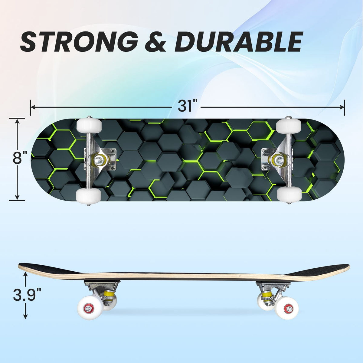 31"x8" Complete Skateboards for Beginners,Black Hexagon Honeycomb Glowing Blue Accents Double Kick 7 Ply Canadian Maple Deck Skateboard with Wheels, Gifts for Kids Teens