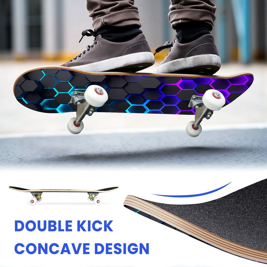 31"x8" Complete Skateboards for Beginners,Geometric Hexagon Glowing Neon Blue Purple Double Kick 7 Ply Canadian Maple Deck Skateboard with Wheels, Gifts for Kids Teens