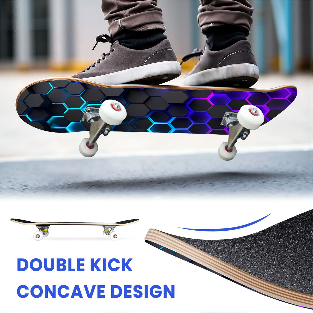 31"x8" Complete Skateboards for Beginners,Geometric Hexagon Glowing Neon Blue Purple Double Kick 7 Ply Canadian Maple Deck Skateboard with Wheels, Gifts for Kids Teens