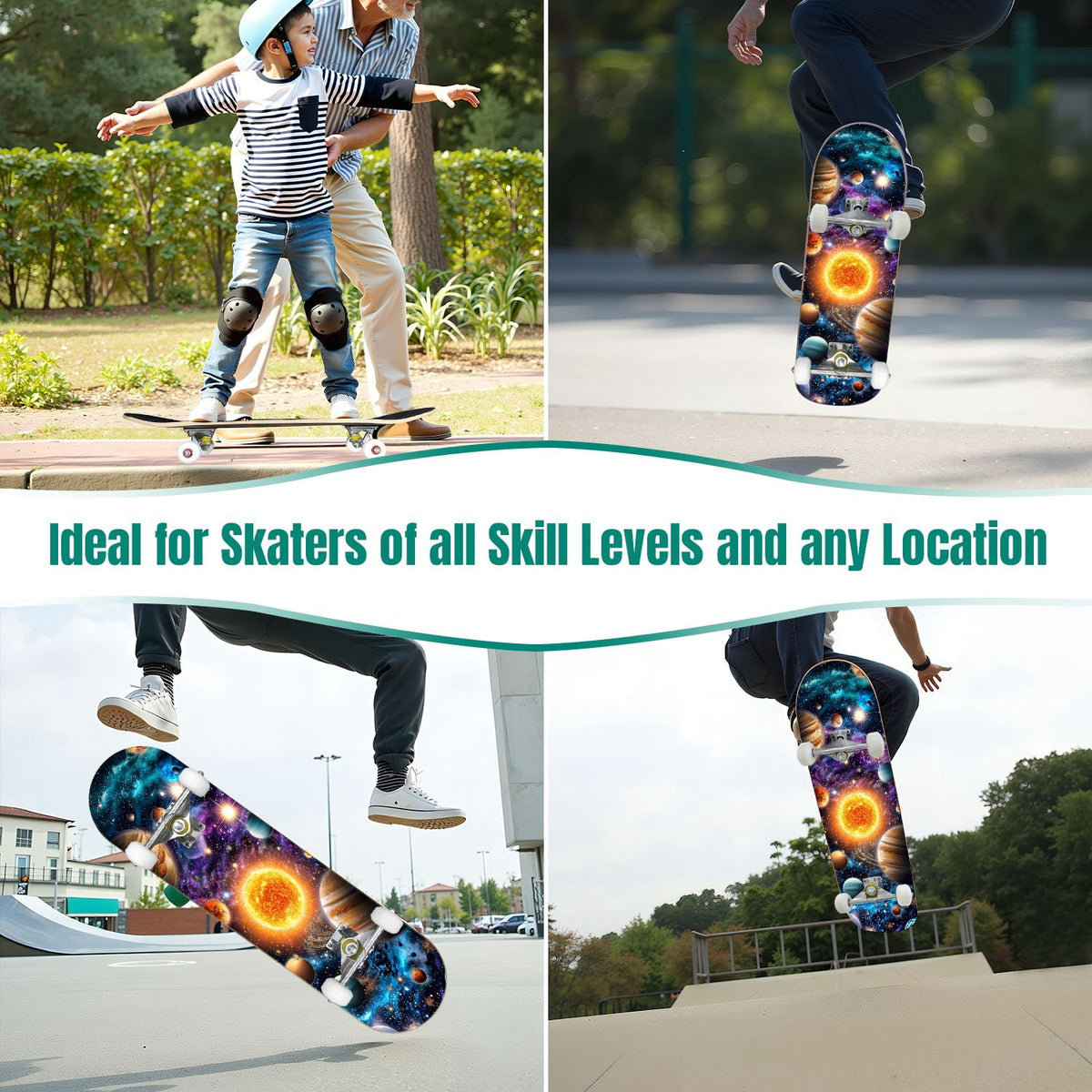 31"x8" Complete Skateboards for Beginners,Geometric Hexagon Glowing Neon Blue Purple Double Kick 7 Ply Canadian Maple Deck Skateboard with Wheels, Gifts for Kids Teens