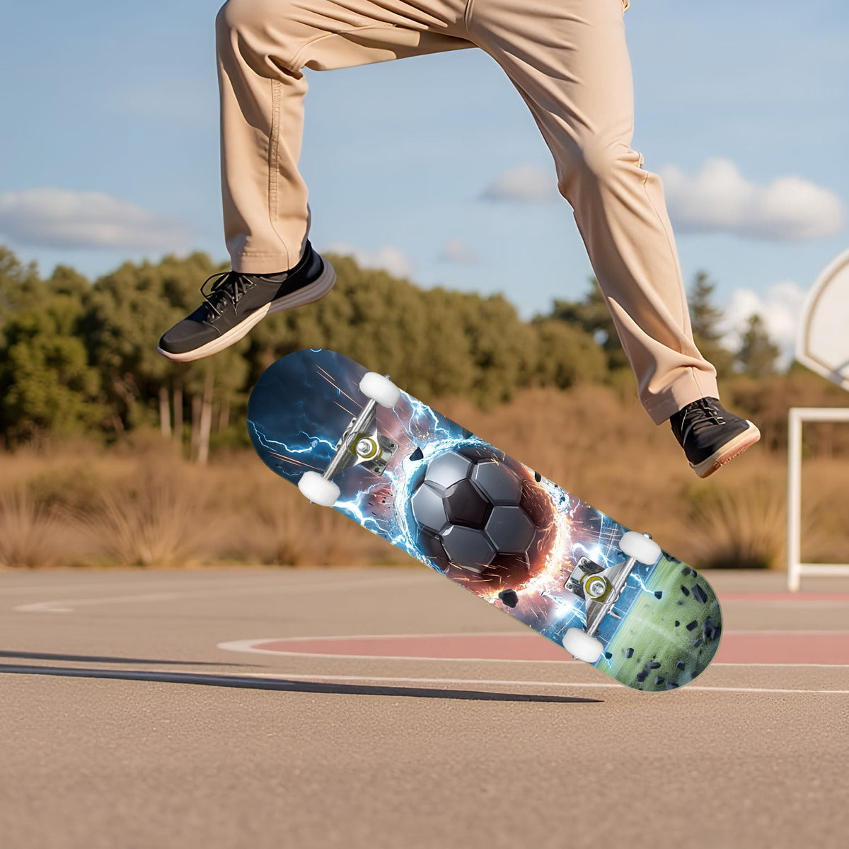Dynamic Soccer Ball Explosion Energy Effects Stadium 31" x 8" Complete Skateboard, 7-Ply Canadian Maple Double Kick Trick Board for Kids and Beginners Adult Gifts