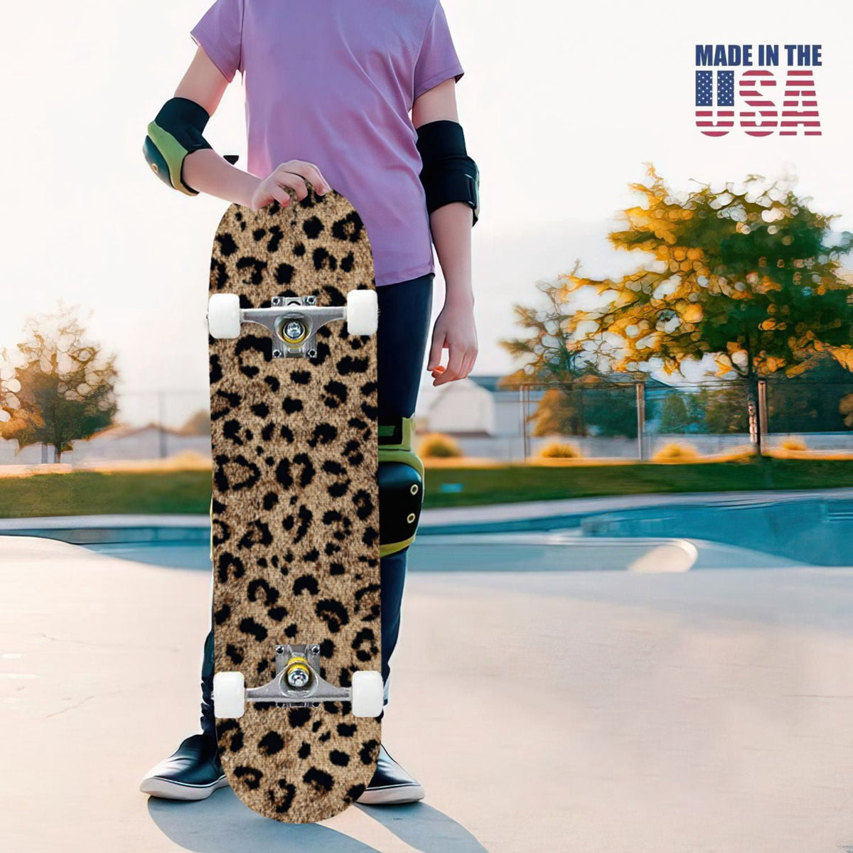 31"x8" Complete Skateboards for Beginners,Black Leopard Print Grey Double Kick 7 Ply Canadian Maple Deck Skateboard with Wheels, Gifts for Kids Teens