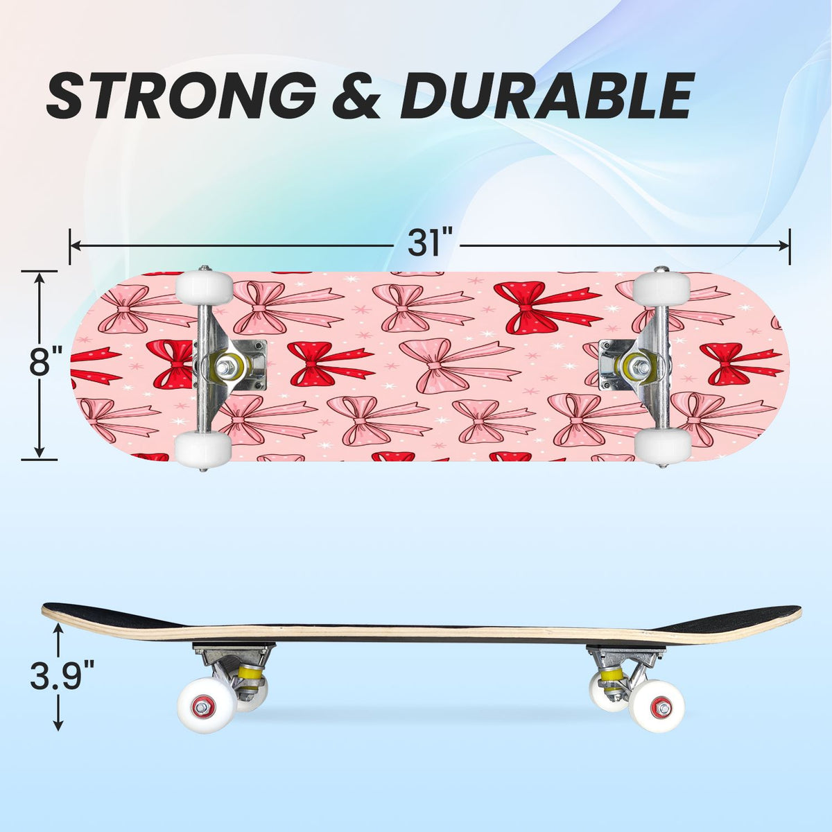31"x8" Complete Skateboards for Beginners, Pink Bow Heart Vertical Stripes Romantic Double Kick 7 Ply Canadian Maple Deck Skateboard with Wheels, Gifts for Kids Teens