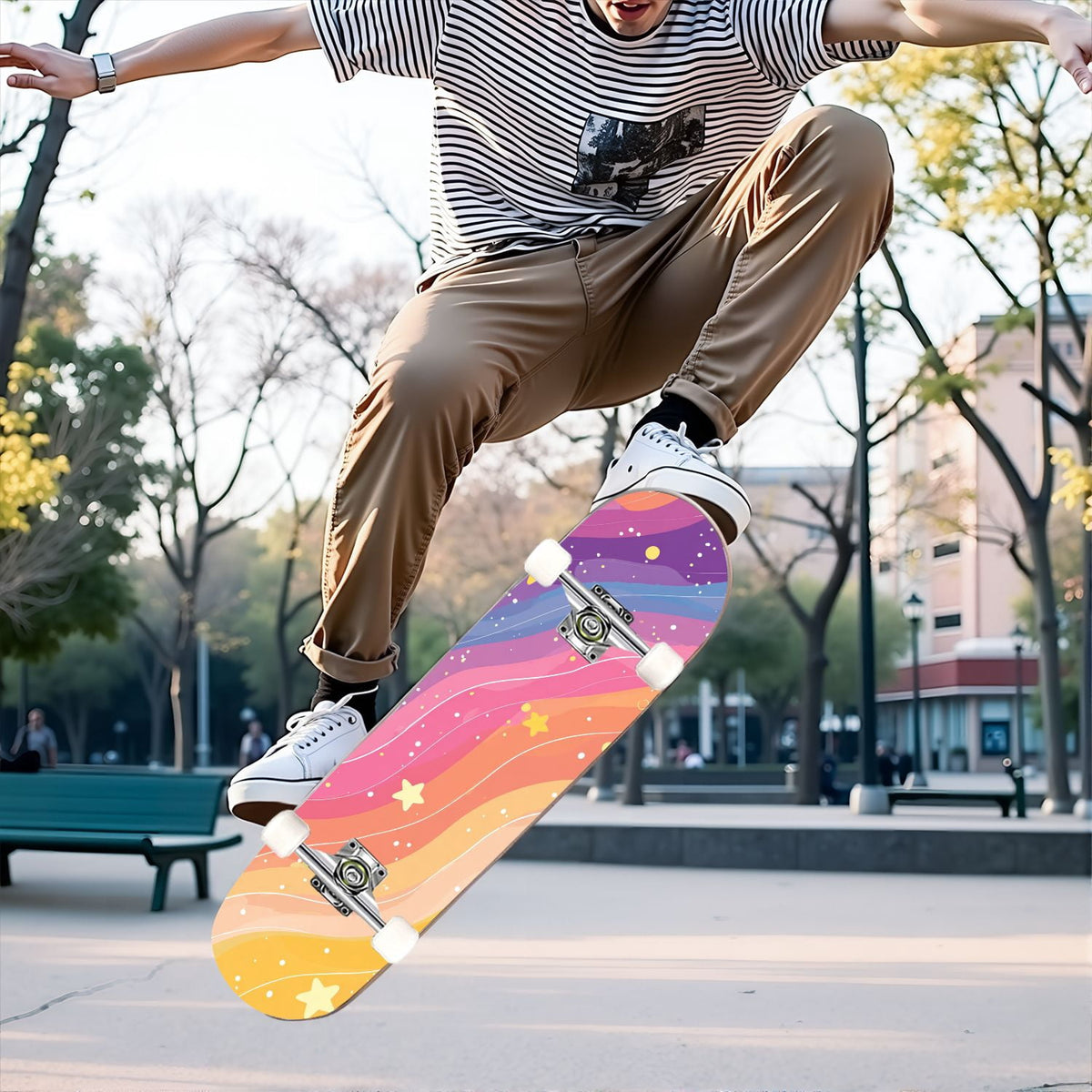 31"x8" Complete Skateboards for Beginners,Watercolor Watermelon Slices Pink Striped Double Kick 7 Ply Canadian Maple Deck Skateboard with Wheels, Gifts for Kids Teens