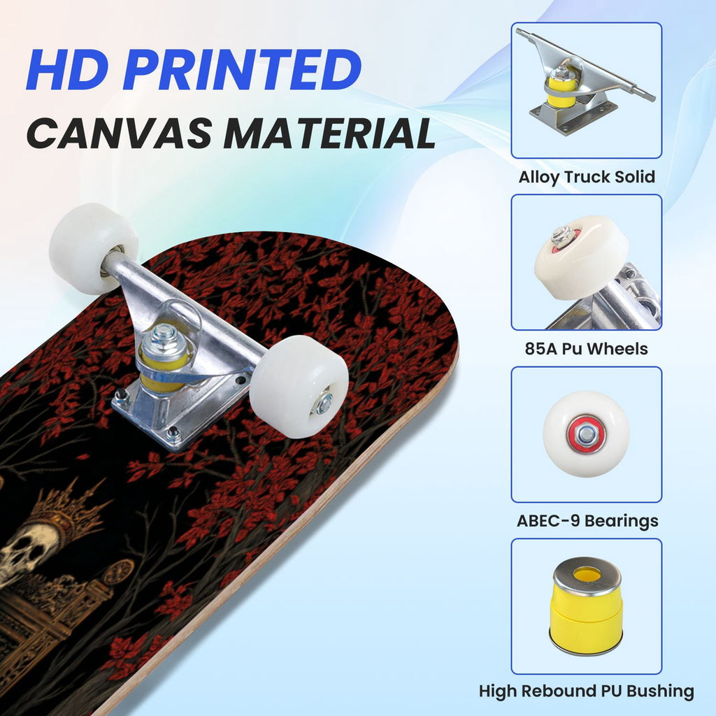 31"x8" Complete Skateboards for Beginners, Romantic Skeletons Blooming Roses Dark Academia Double Kick 7 Ply Canadian Maple Deck Skateboard with Wheels, Gifts for Kids Teens