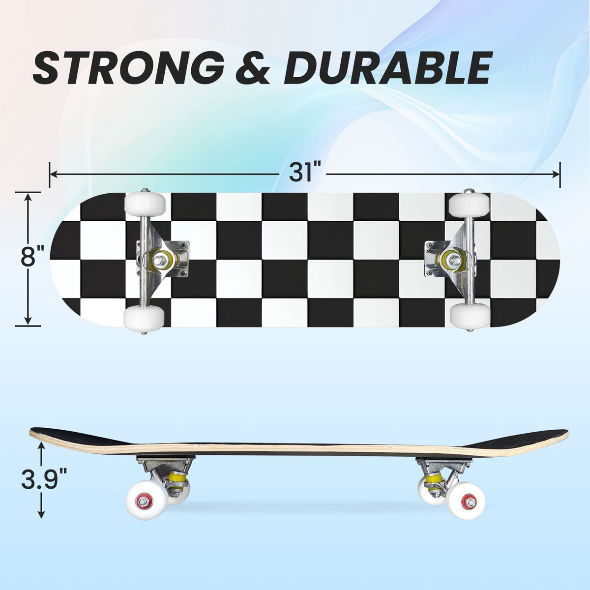 31"x8" Complete Skateboards for Beginners,Light Green White Gingham Checkered Double Kick 7 Ply Canadian Maple Deck Skateboard with Wheels, Gifts for Kids Teens