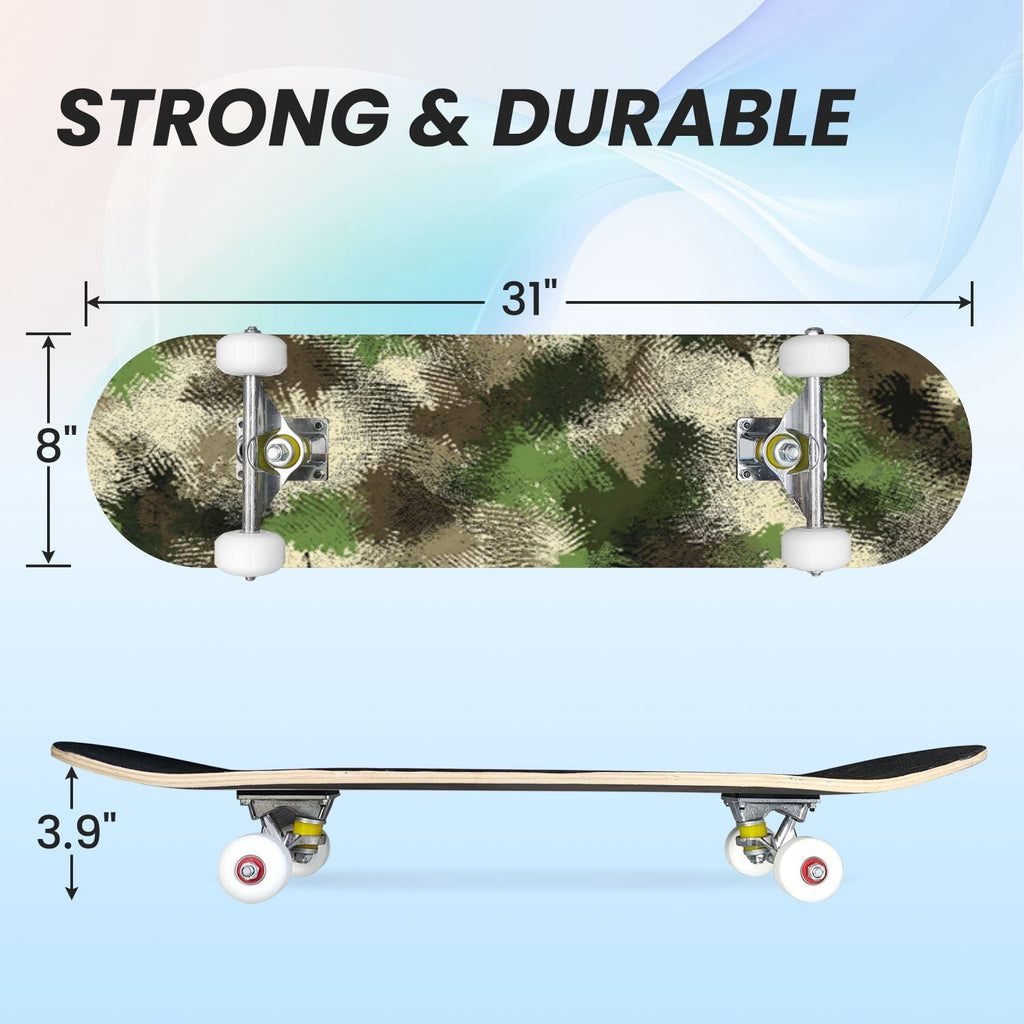 31"x8" Complete Skateboards for Beginners,Abstract Natural Earthy Tones Brush Strokes Camouflage Double Kick 7 Ply Canadian Maple Deck Skateboard with Wheels, Gifts for Kids Teens