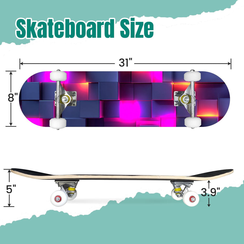 Glowing Futuristic Cubic Tunnel Metallic Tiles Bright Light 31" x 8" Complete Skateboard, 7-Ply Canadian Maple Double Kick Trick Board for Kids and Beginners Adult Gifts
