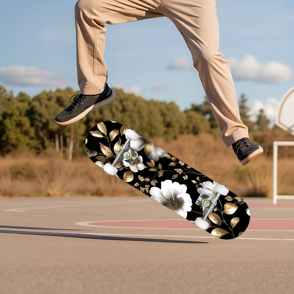 Dark Floral Wildflower Pink Yellow Blue Blooms 31" x 8" Complete Skateboard, 7-Ply Canadian Maple Double Kick Trick Board for Kids and Beginners Adult Gifts