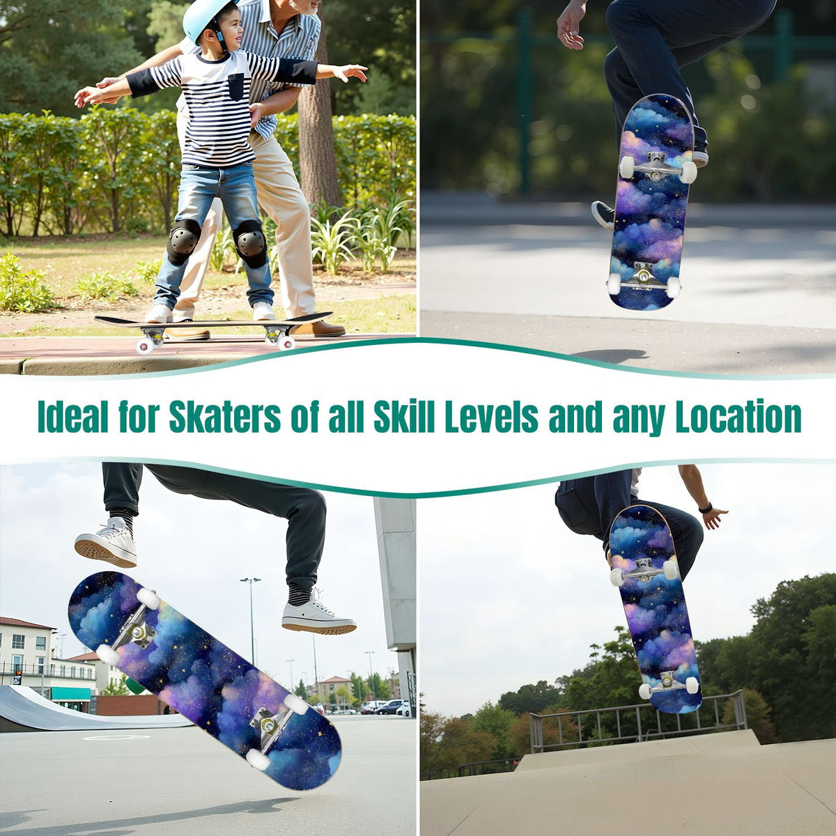 31"x8" Complete Skateboards for Beginners, Pastel Clouds Sparkles Dreamy Gradient Sky Summer Decor Double Kick 7 Ply Canadian Maple Deck Skateboard with Wheels, Gifts for Kids Teens