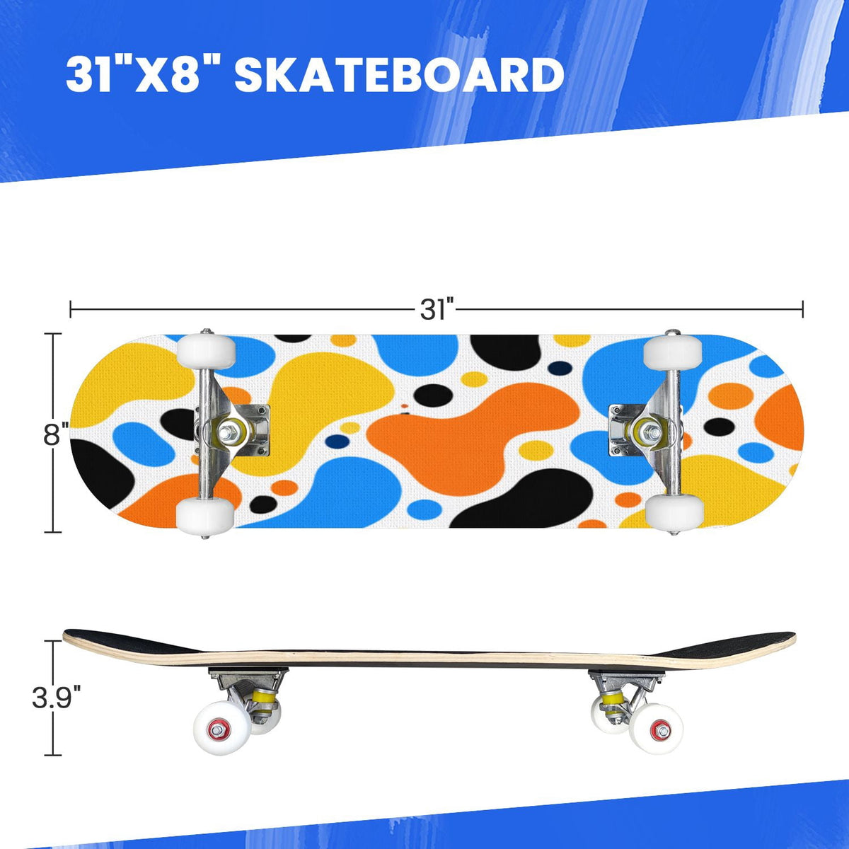 Complete Skateboard Vibrant Brush Stroke Art 31 Inch 7-Ply Maple Skateboard with PU Wheels and Aluminum Trucks, Ready-to-Ride Skateboard for Beginners, Teens and Adults