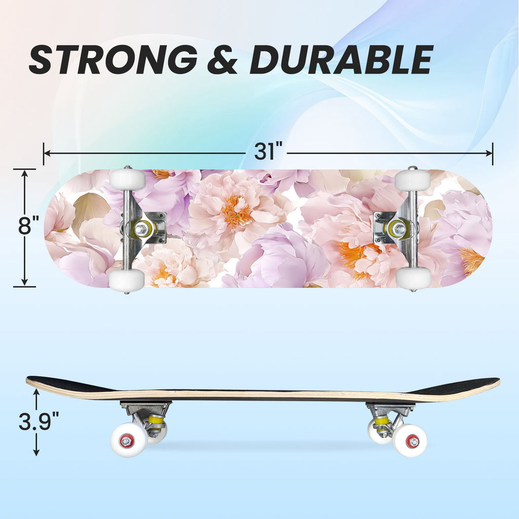 31"x8" Complete Skateboards for Beginners, Elegant Peony Floral Soft Pink White Tones Neutral Double Kick 7 Ply Canadian Maple Deck Skateboard with Wheels, Gifts for Kids Teens