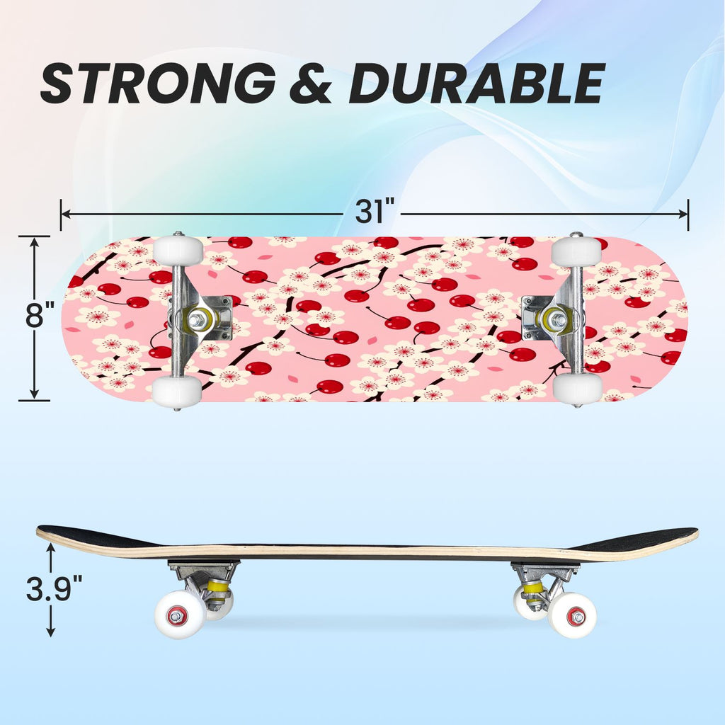 31"x8" Complete Skateboards for Beginners, Cherry Blossom Red Cherry Seamless Pink Botanical Double Kick 7 Ply Canadian Maple Deck Skateboard with Wheels, Gifts for Girls Teens