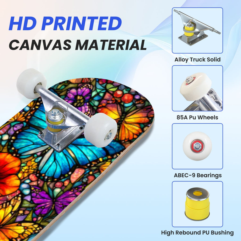 31"x8" Complete Skateboards for Beginners, Vibrant Stained Glass Window Butterflies Flowers Double Kick 7 Ply Canadian Maple Deck Skateboard with Wheels, Gifts for Kids Teens