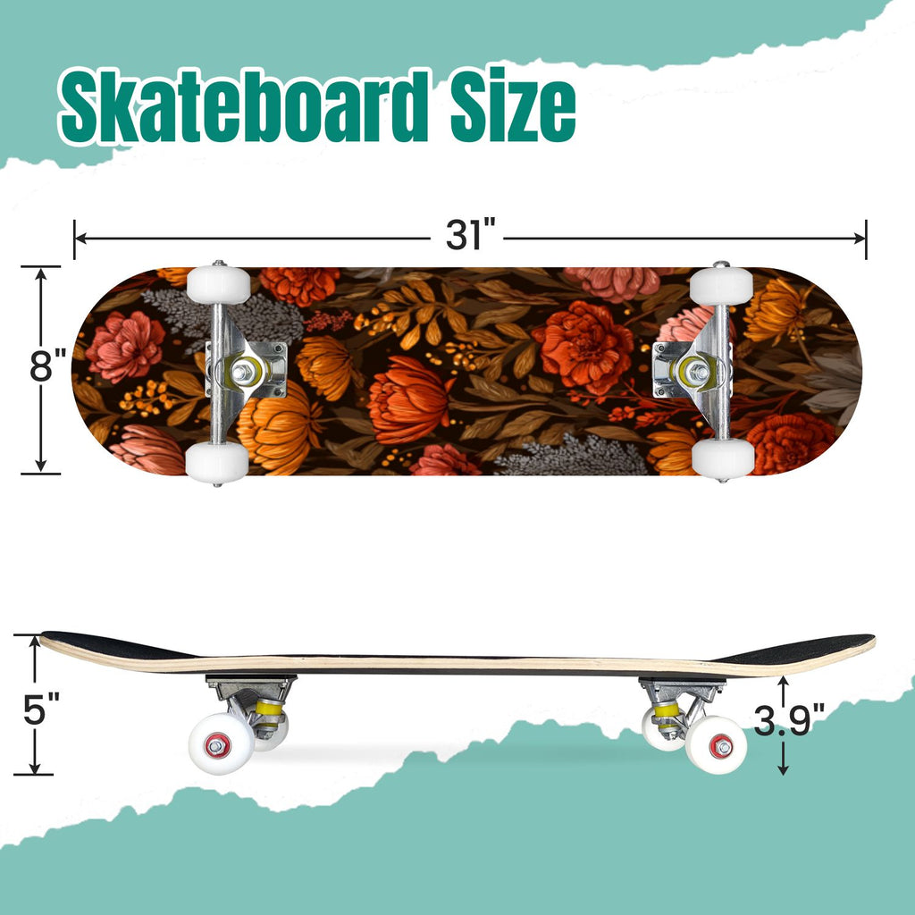 Golden Floral Line Art Seamless 31" x 8" Complete Skateboard, 7-Ply Canadian Maple Double Kick Trick Board for Kids and Beginners Adult Gifts