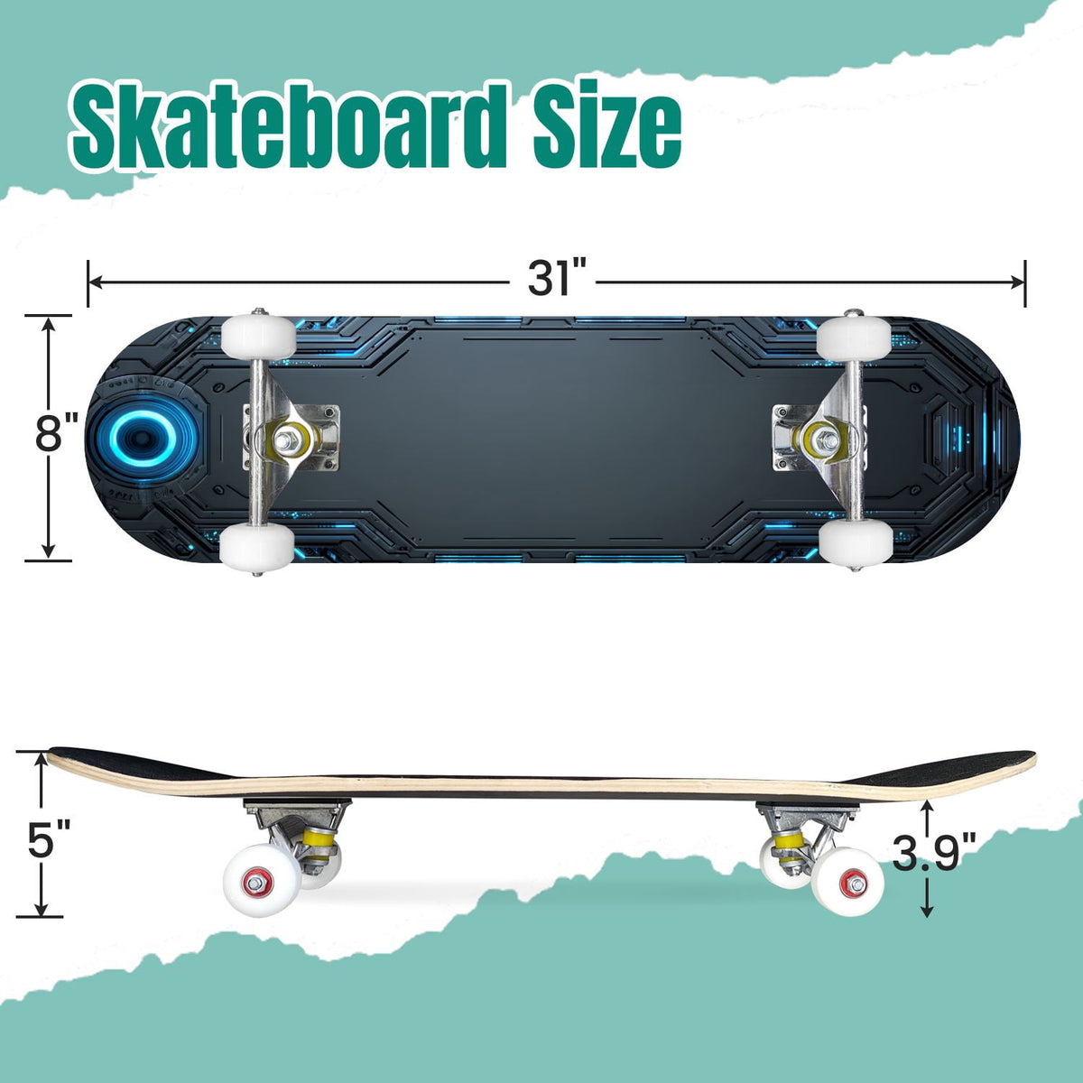 Futuristic Glowing Orange Neon Lines Dark Metallic Panels 31" x 8" Complete Skateboard, 7-Ply Canadian Maple Double Kick Trick Board for Kids and Beginners Adult Gifts