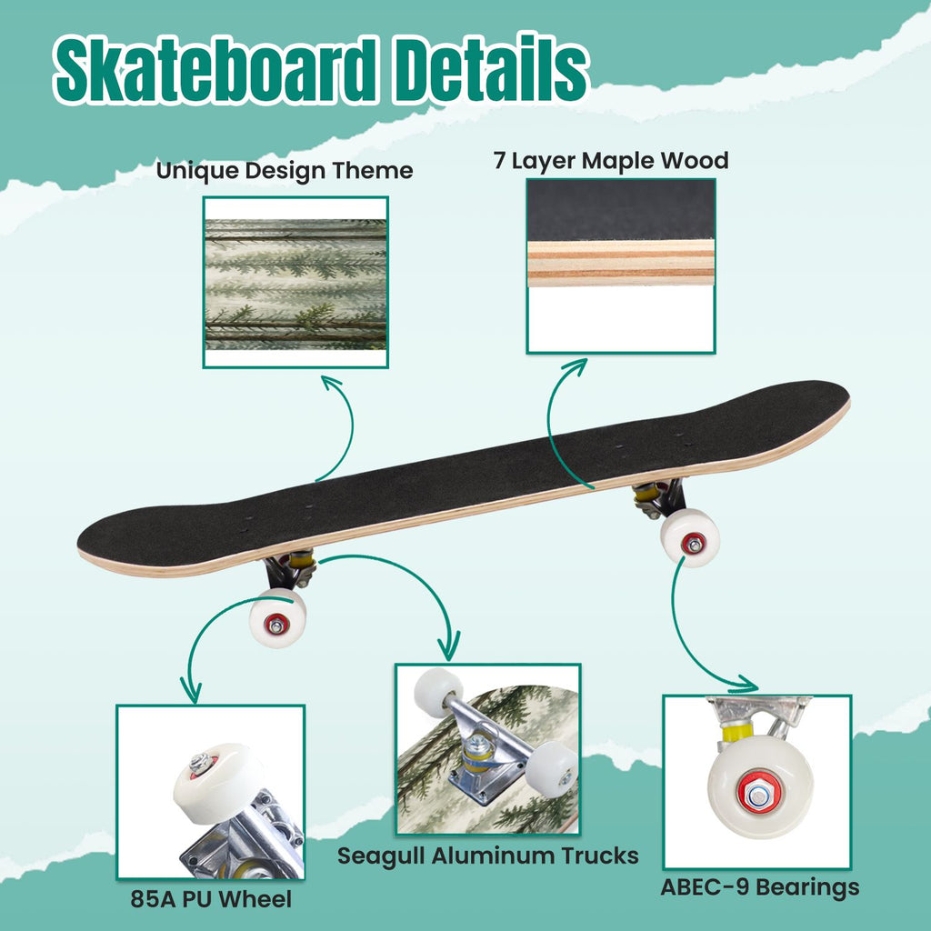 White Birch Tree Bark Natural Knots Horizontal Lines 31" x 8" Complete Skateboard, 7-Ply Canadian Maple Double Kick Trick Board for Kids and Beginners Adult Gifts