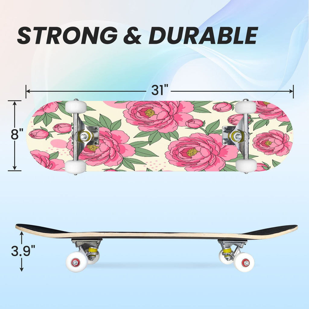31"x8" Complete Skateboards for Beginners, Cherry Blossom Red Cherry Seamless Pink Botanical Double Kick 7 Ply Canadian Maple Deck Skateboard with Wheels, Gifts for Girls Teens