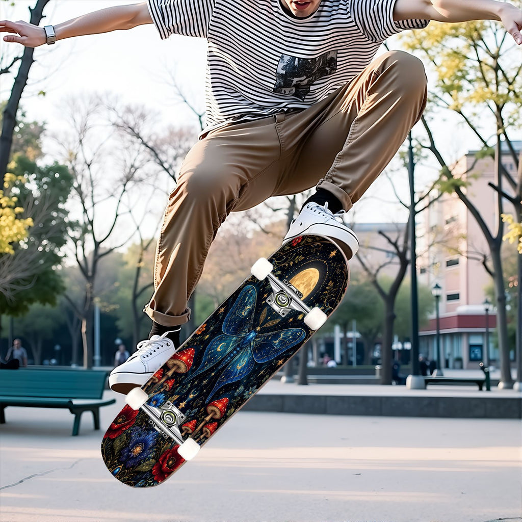 31"x8" Complete Skateboards for Beginners, Butterfly Garden Vintage Botanical Motifs Dark Green Teal Double Kick 7 Ply Canadian Maple Deck Skateboard with Wheels, Gifts for Kids Teens