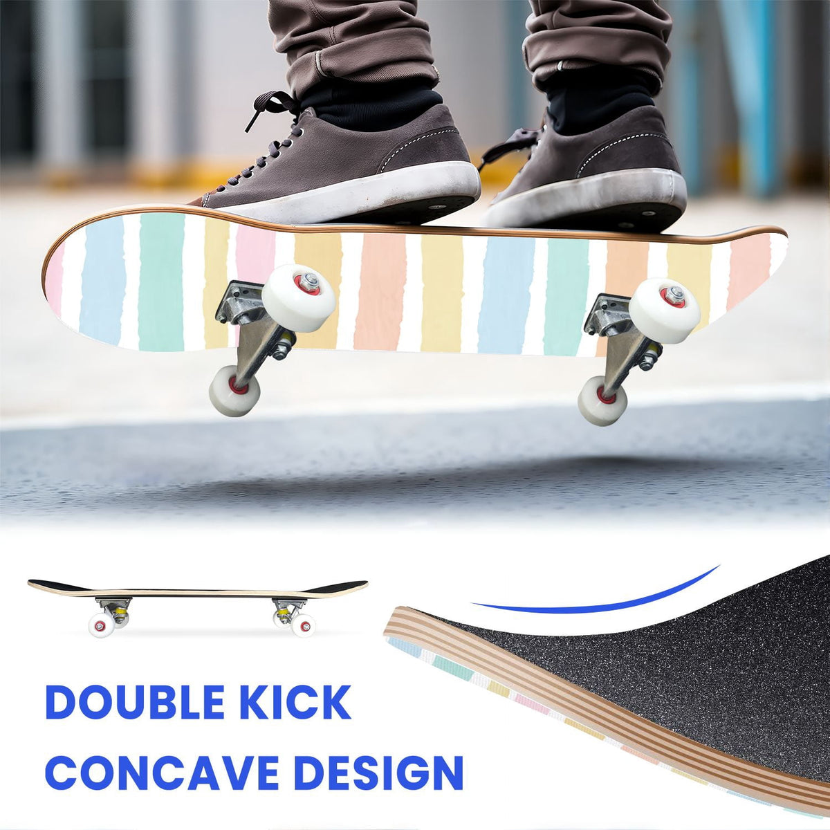 31"x8" Complete Skateboards for Beginners,Pastel Pink Vertical Stripe Minimalist Soft Design Double Kick 7 Ply Canadian Maple Deck Skateboard with Wheels, Gifts for Kids Teens