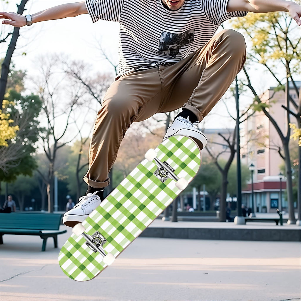 31"x8" Complete Skateboards for Beginners,Mint Green White Plaid Tartan Subtle Double Kick 7 Ply Canadian Maple Deck Skateboard with Wheels, Gifts for Kids Teens
