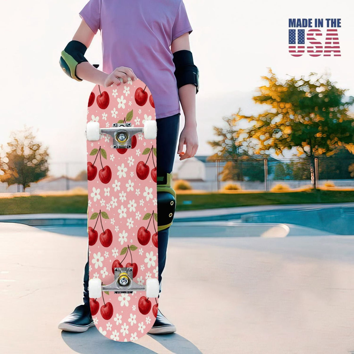 31"x8" Complete Skateboards for Beginners, Cherry Blossom Red Cherry Seamless Pink Botanical Double Kick 7 Ply Canadian Maple Deck Skateboard with Wheels, Gifts for Girls Teens