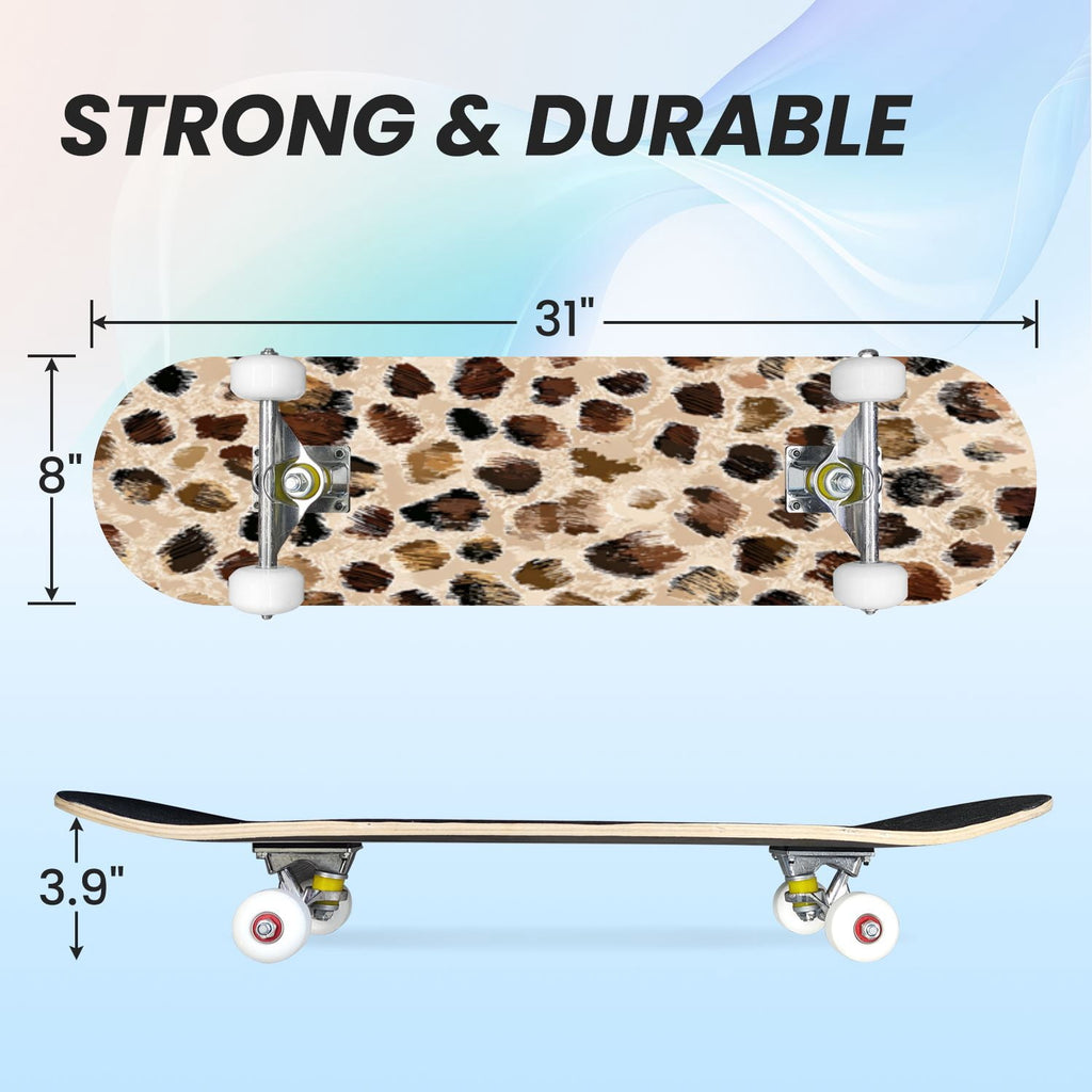31"x8" Complete Skateboards for Beginners,Leopard Print Black Brown Beige Double Kick 7 Ply Canadian Maple Deck Skateboard with Wheels, Gifts for Kids Teens