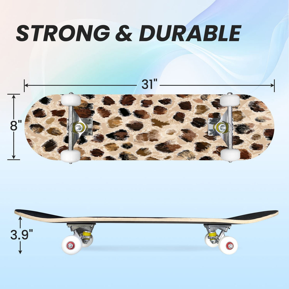 31"x8" Complete Skateboards for Beginners,Leopard Print Black Brown Beige Double Kick 7 Ply Canadian Maple Deck Skateboard with Wheels, Gifts for Kids Teens