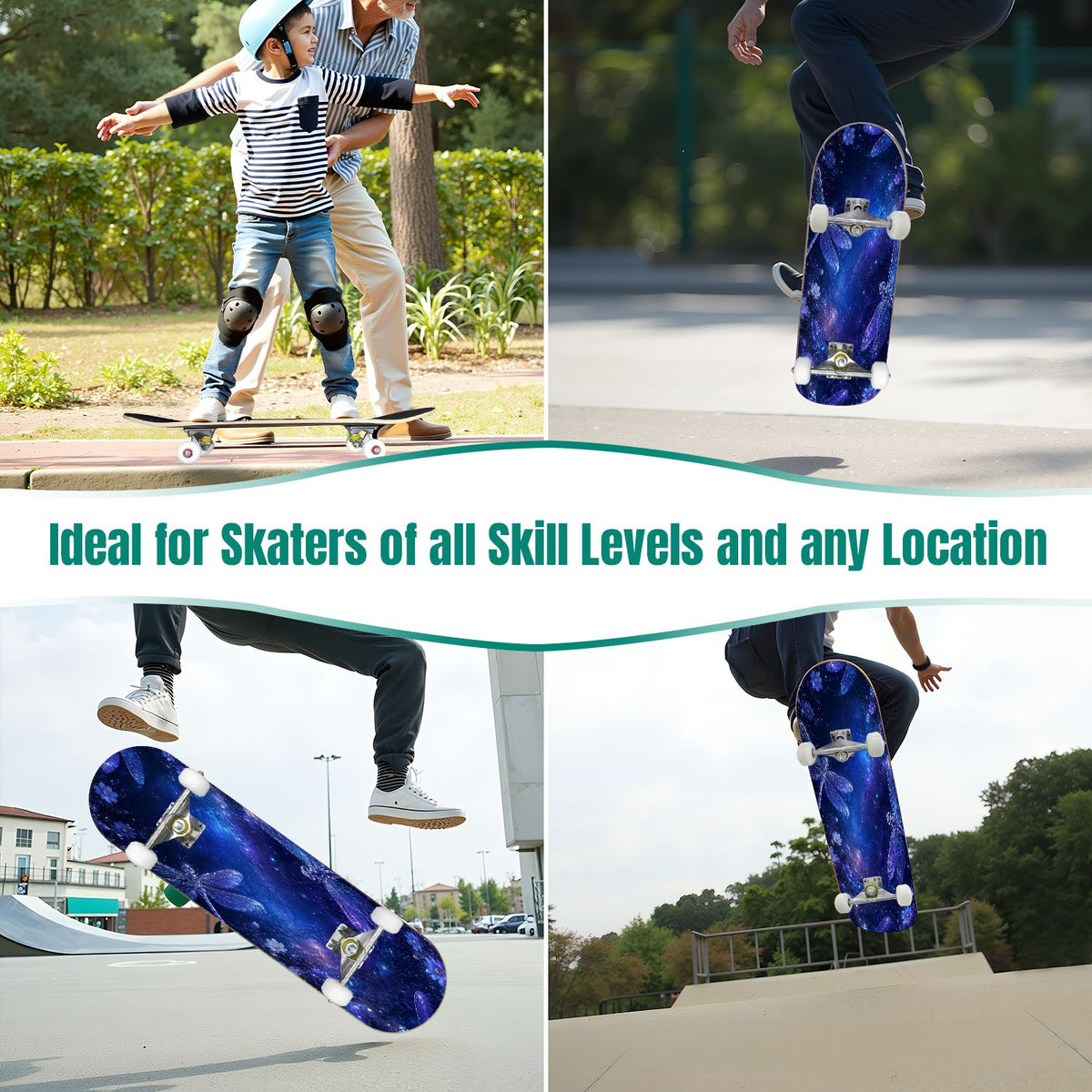 31"x8" Complete Skateboards for Beginners, Blue Moth Moonlight Flowers Mushrooms Forest Double Kick 7 Ply Canadian Maple Deck Skateboard with Wheels, Gifts for Kids Teens