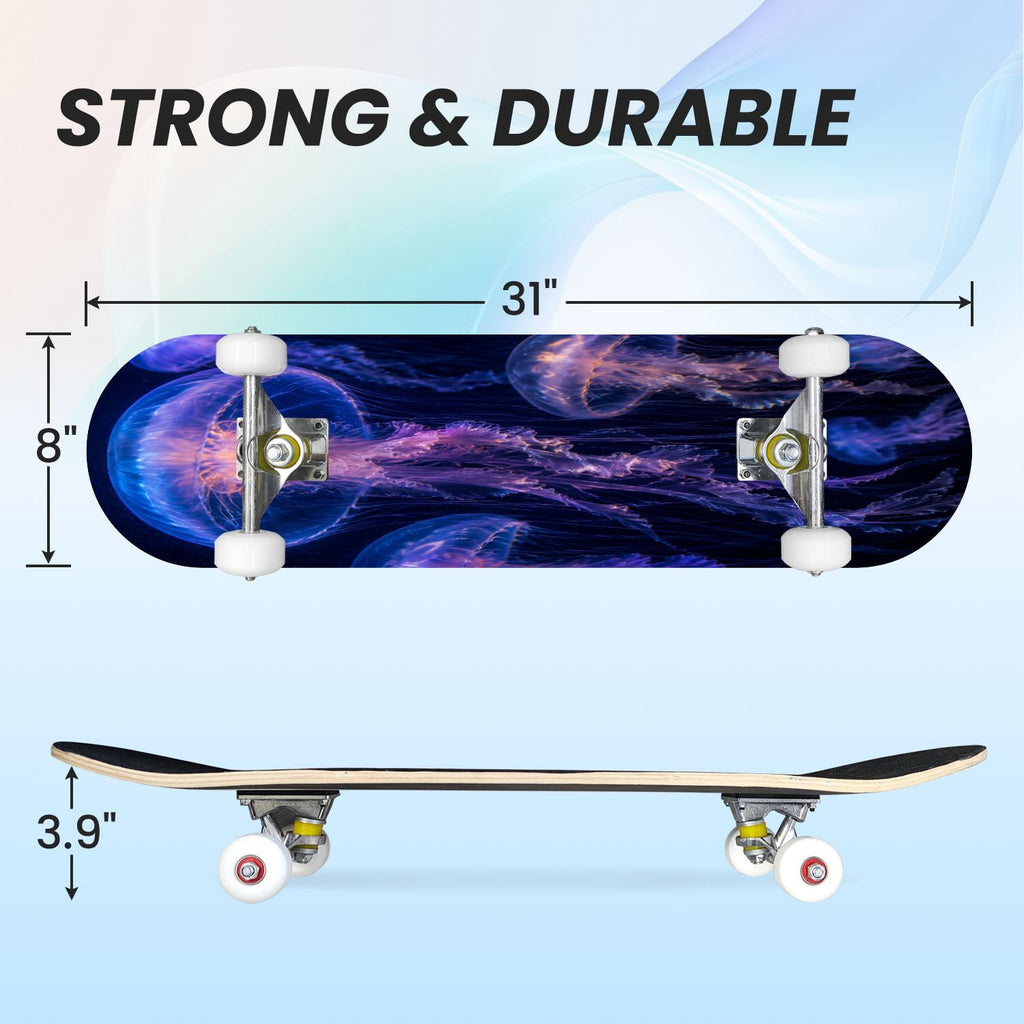 31"x8" Complete Skateboards for Beginners, Underwater Sharks Glowing Purple Jellyfish Marine Life Double Kick 7 Ply Canadian Maple Deck Skateboard with Wheels, Gifts for Kids Teens