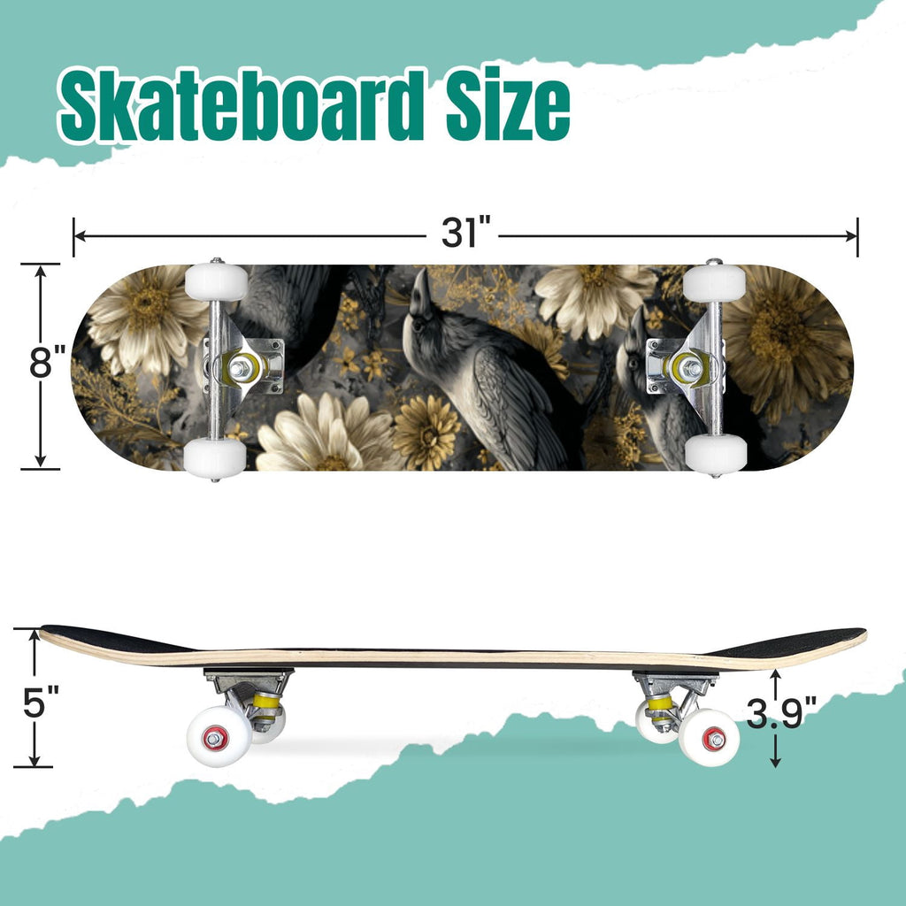 Gothic Purple Blue Floral Dark 31" x 8" Complete Skateboard, 7-Ply Canadian Maple Double Kick Trick Board for Kids and Beginners Adult Gifts