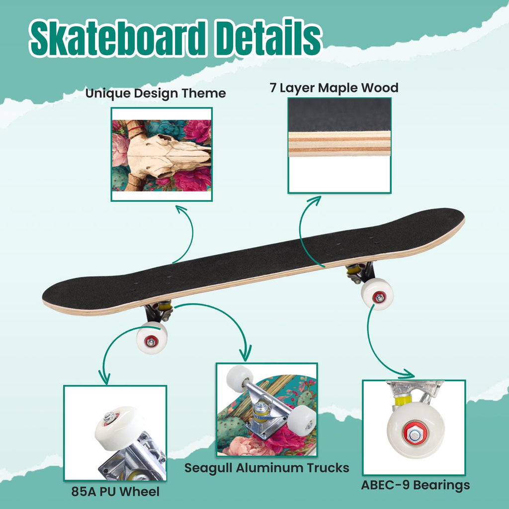 Tropical Jungle Leaf Teal Green Botanical 31" x 8" Complete Skateboard, 7-Ply Canadian Maple Double Kick Trick Board for Kids and Beginners Adult Gifts