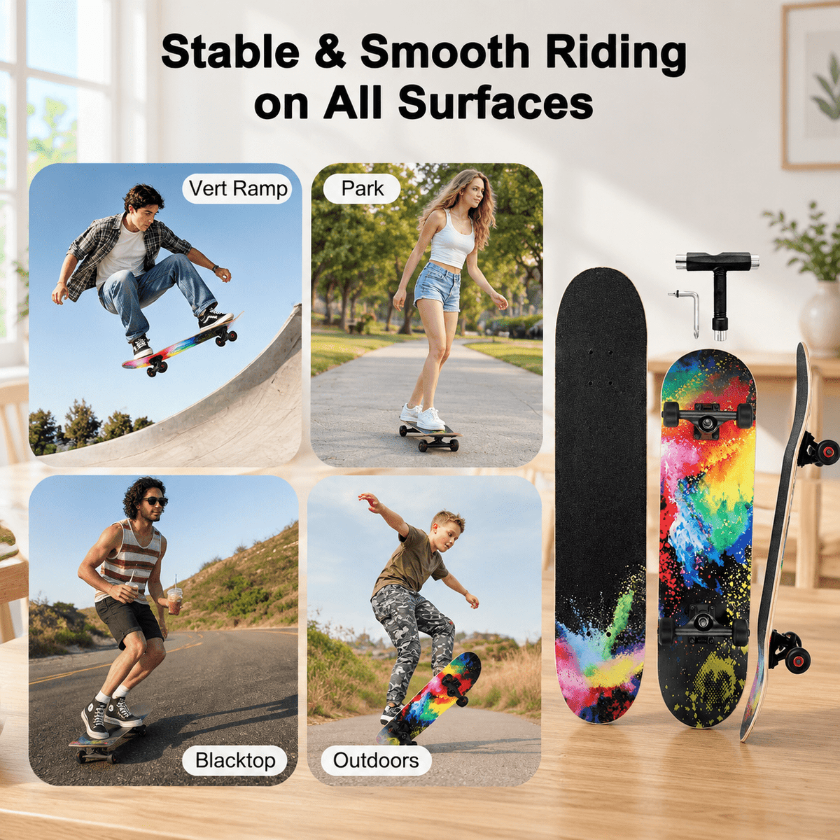 Checkerbot 31"x8" Standard Complete Skateboard with 7 Layer Canadian Maple for Beginners Adults Teens