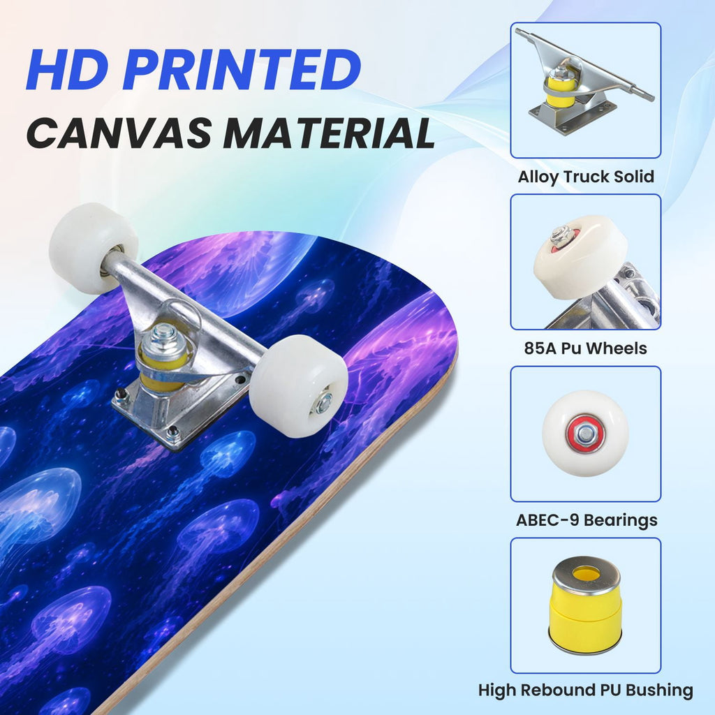 31"x8" Complete Skateboards for Beginners, Seashell Starfish Blue White Nautical Marine Life Double Kick 7 Ply Canadian Maple Deck Skateboard with Wheels, Gifts for Kids Teens