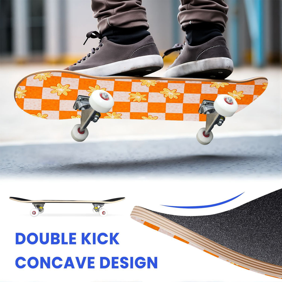 31"x8" Complete Skateboards for Beginners,Light Green White Gingham Checkered Double Kick 7 Ply Canadian Maple Deck Skateboard with Wheels, Gifts for Kids Teens