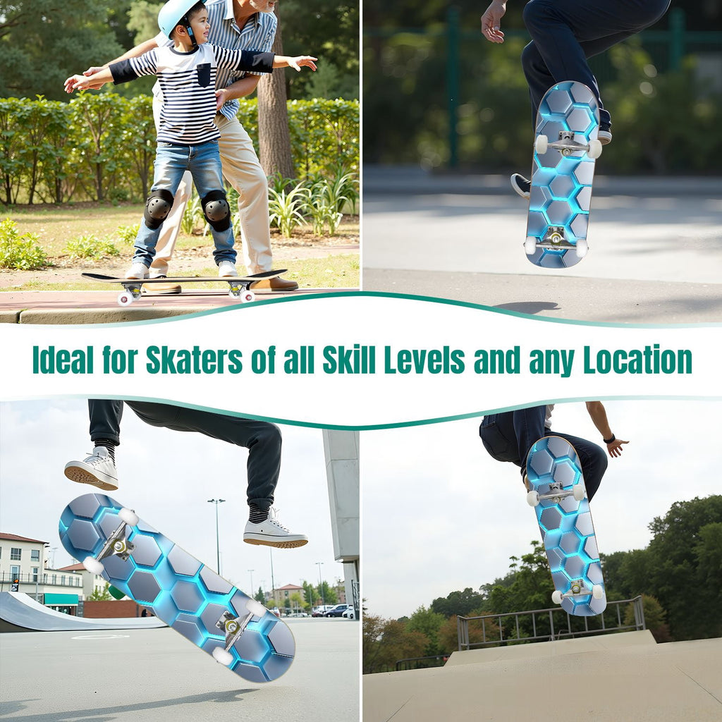 Futuristic Hexagonal Metallic Blue Glowing Orange Highlights 31" x 8" Complete Skateboard, 7-Ply Canadian Maple Double Kick Trick Board for Kids and Beginners Adult Gifts