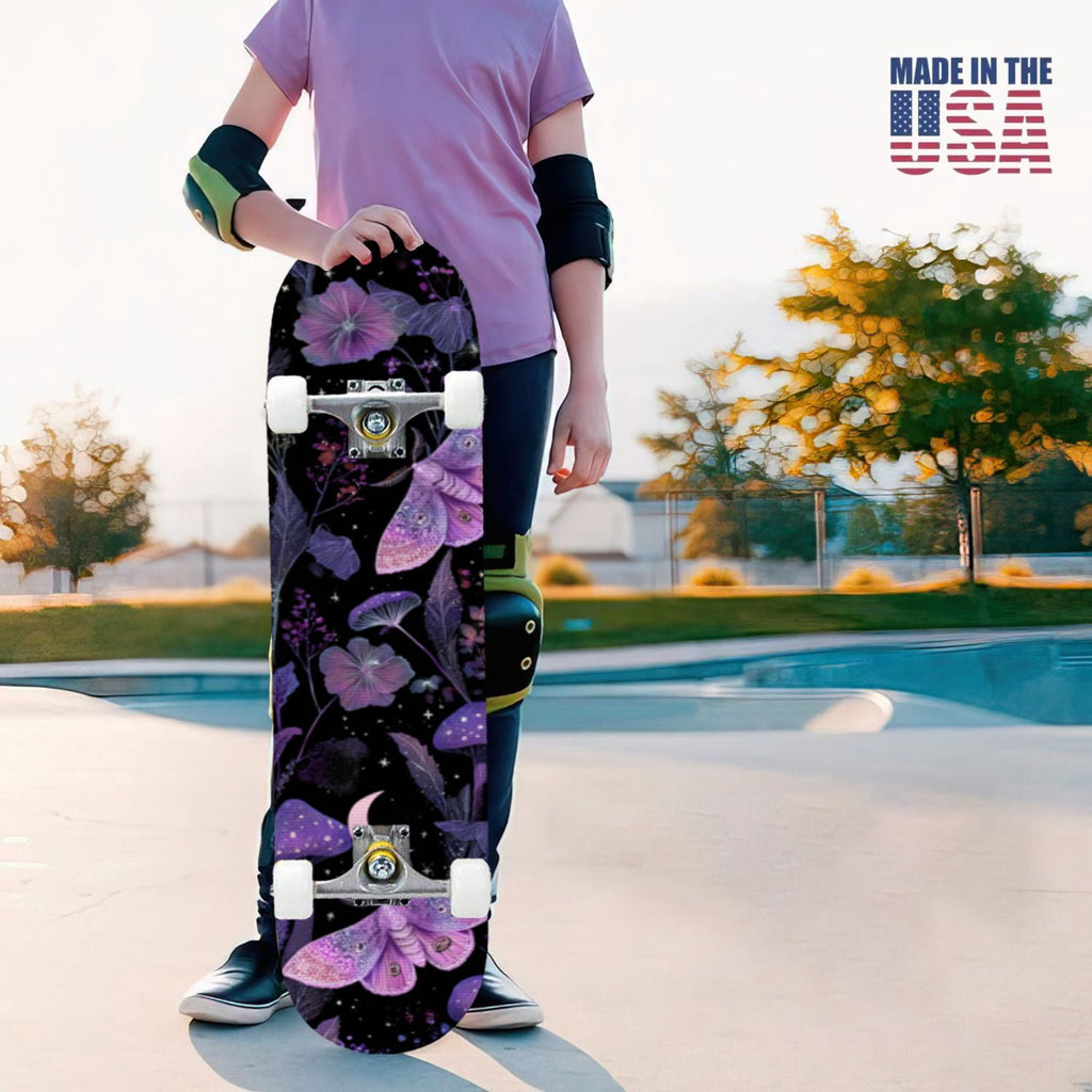 31"x8" Complete Skateboards for Beginners,Whimsical Blue Butterflies Green Foliage Dark Night Fantasy Double Kick 7 Ply Canadian Maple Deck Skateboard with Wheels, Gifts for Kids Teens