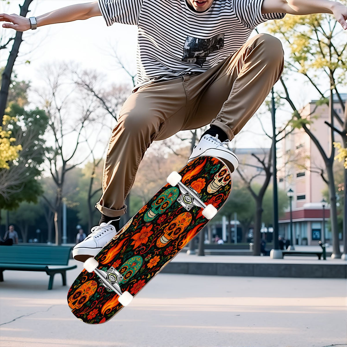 31"x8" Complete Skateboards for Beginners, Colorful Sugar Skulls Floral Patterns Mexican Double Kick 7 Ply Canadian Maple Deck Skateboard with Wheels, Gifts for Kids Teens