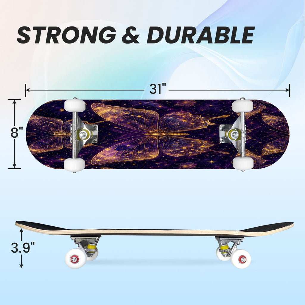 31"x8" Complete Skateboards for Beginners, Mystical Purple Butterfly Glowing Mushrooms Under Full Moon Double Kick 7 Ply Canadian Maple Deck Skateboard with Wheels, Gifts for Kids Teens